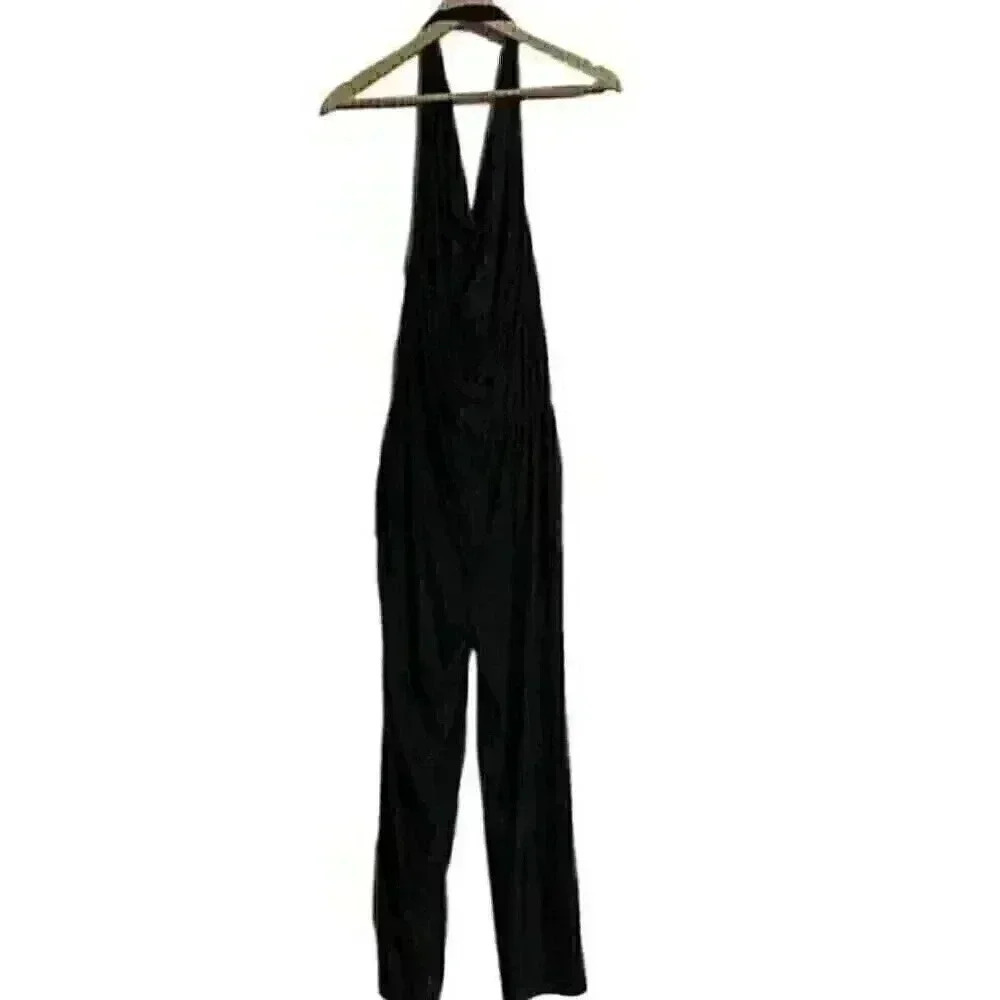 21 Saints Womens L Black Halter Open Back Stretch Jumpsuit Fitted Waist NWT